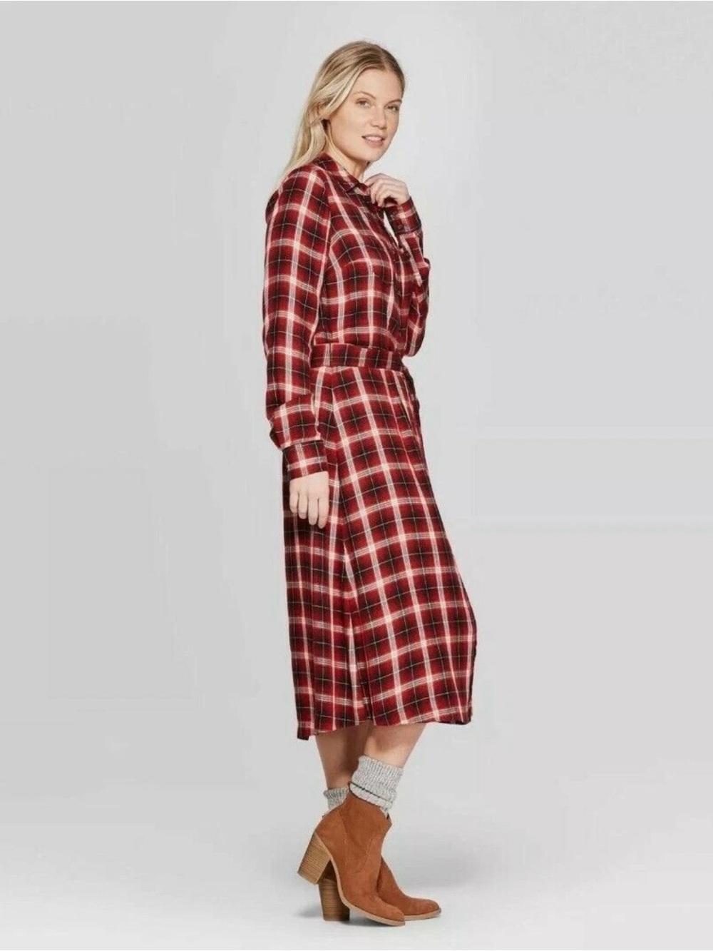 Universal Thread Classic Academia Plaid Red Black Button Down Shirt Dress